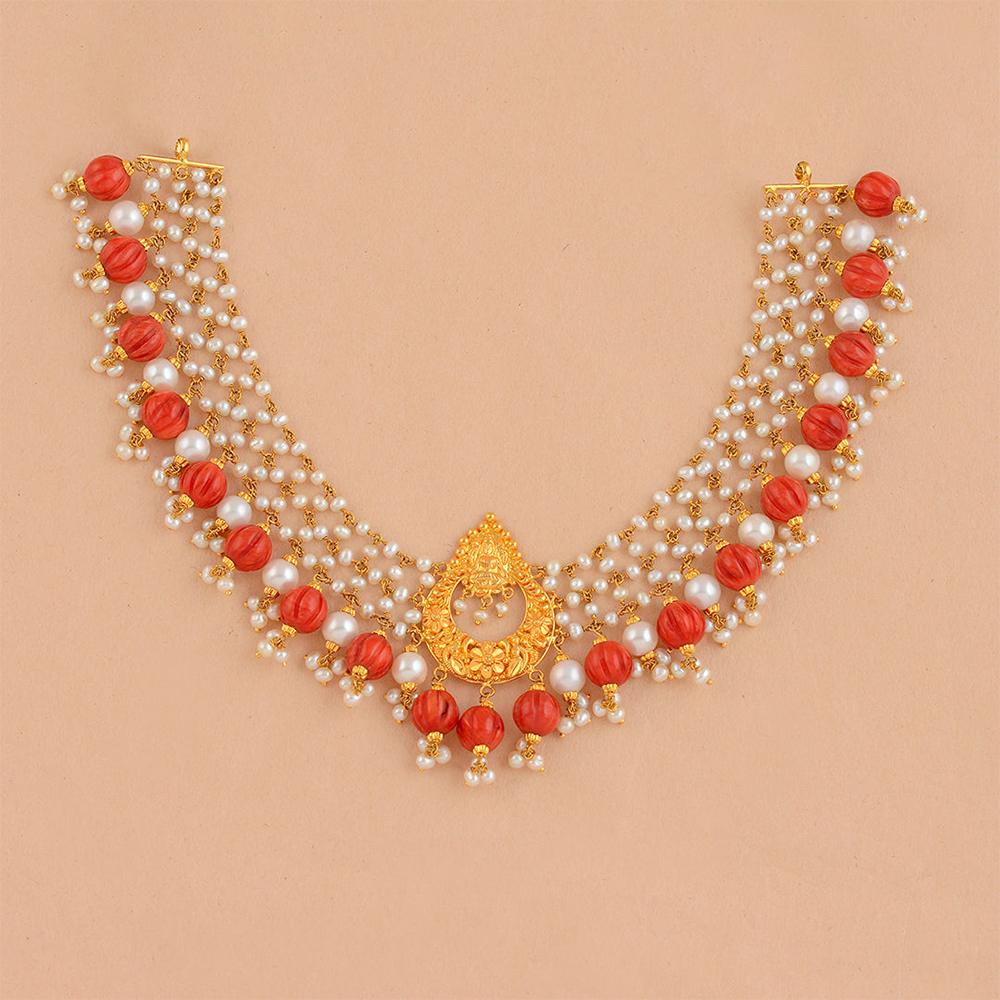 Coral pearl choker, festive charm